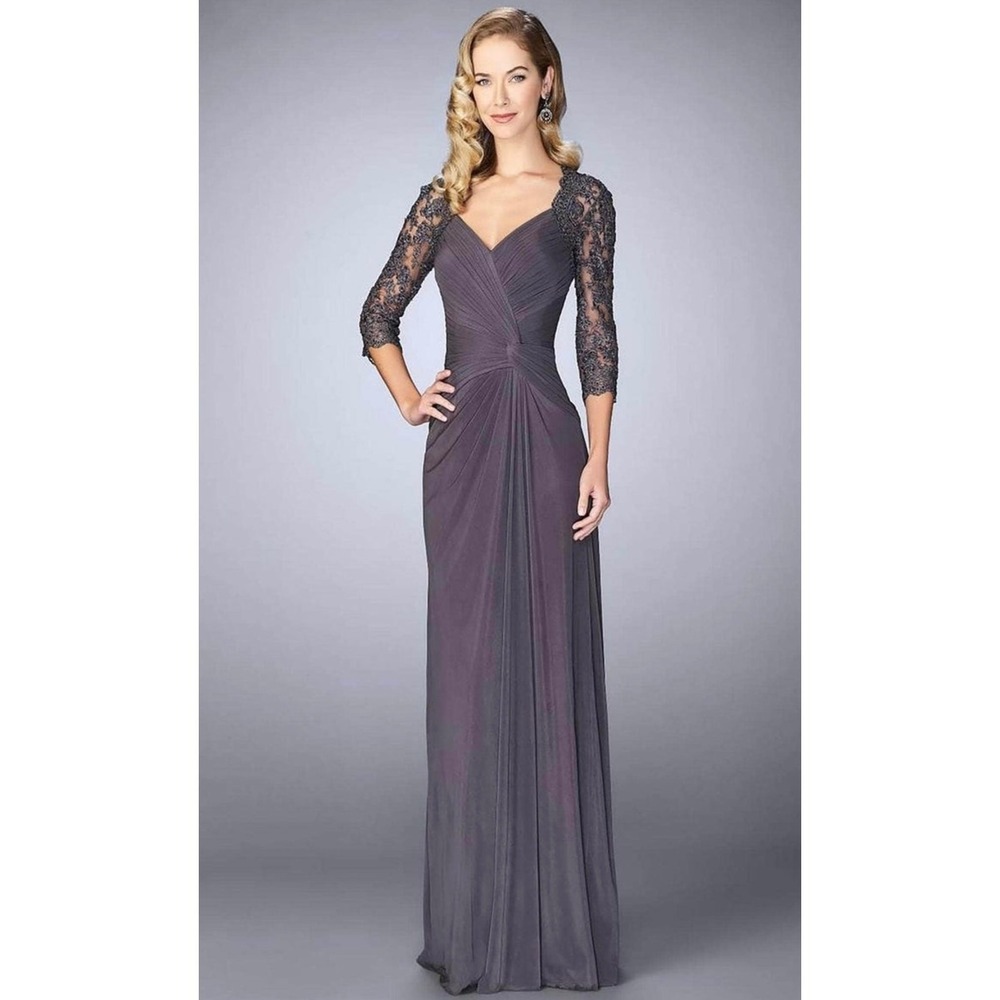 La Femme 23244 Gray Ruched V-Neck Lace Sleeve Column Dress Size 18